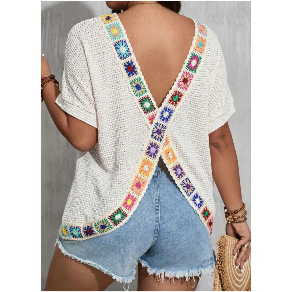 Waffle Knit‎ Open Back Crochet Floral Patchwork Top Cream Boho size M